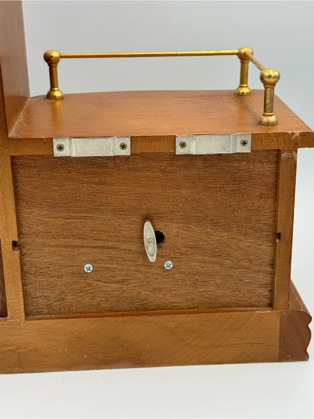 Vintage Musical Wooden Jewelry Box Armoire‎ Etched Glass Door w 2 Drawers